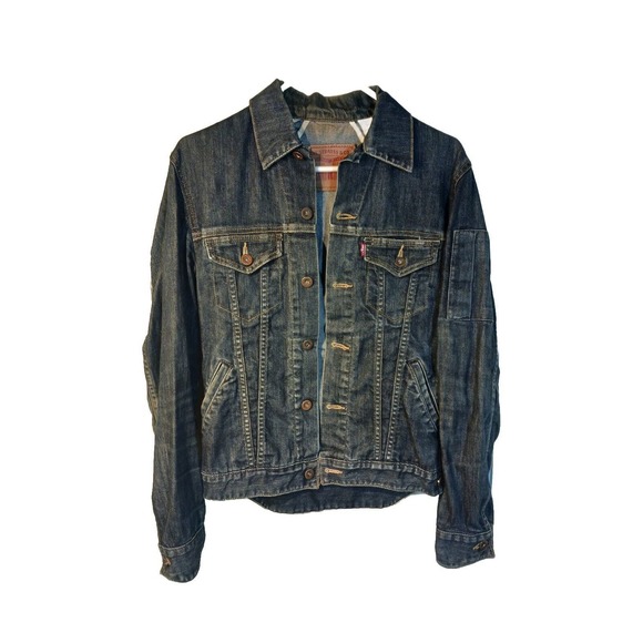 Levis Jacket Women’s Small Denim Classic Trucker Moto Dark Wash Stretch Pockets - Picture 1 of 5